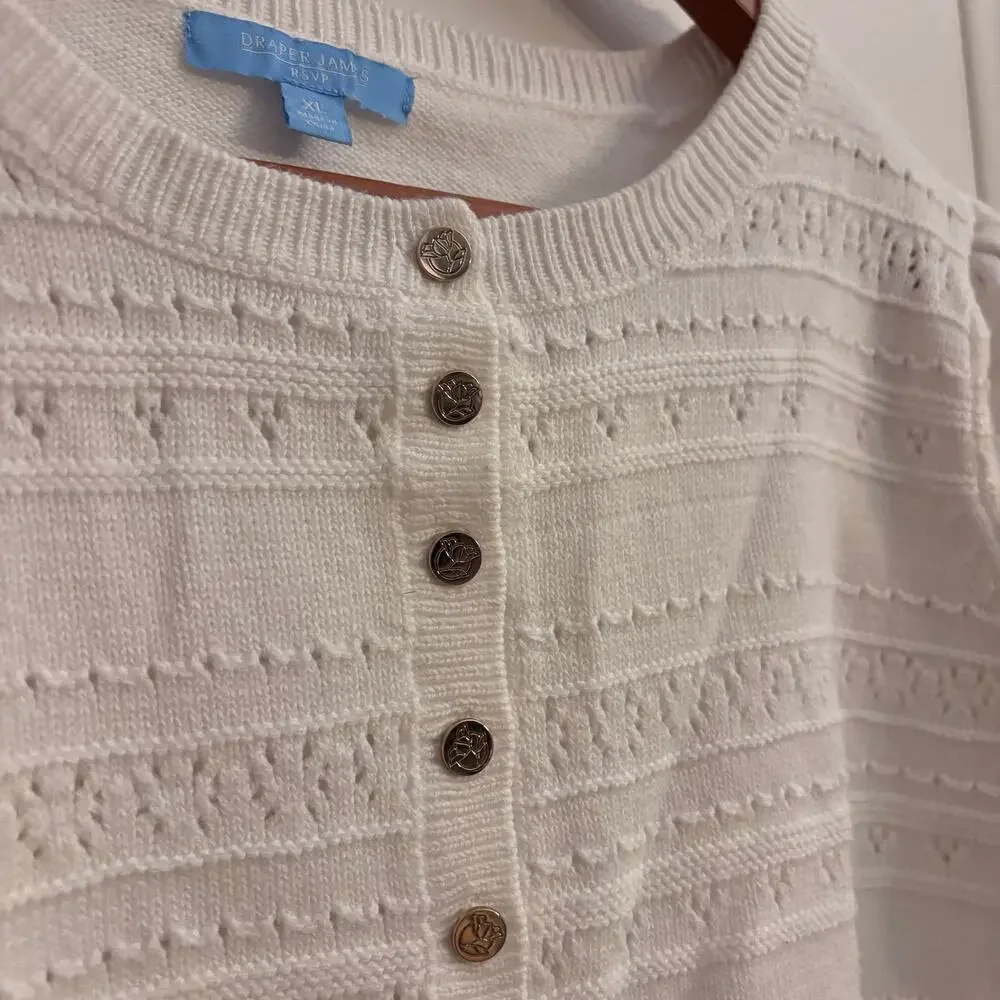 Draper James White Textured Knit Sweater XL Button Front Preppy Feminine Spring - Picture 6 of 9